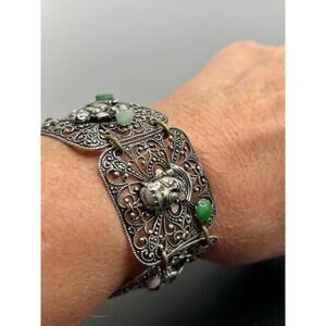 Vintage Chinese Silver Plate Filigree Bracelet Deities Amethyst Jade Coral Panel